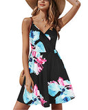 Black Pink Floral V Neck Floral Spaghetti Strap Summer Dress Casual Swing Midi Sundress with Pocket - STYLEWORD | Women's Casual Dresses