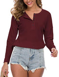 WNEEDU Women's Long Sleeve Waffle Knit Tunic Blouse Casual Button Up Henley Shirts Plain Tops Wine Red M | Women's Sweaters