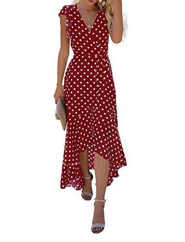 Polka Dots Wine Red  Women's Summer Floral Print Cross V Neck Dress Bohemian Flowy Long Maxi Dresses - GRECERELLE