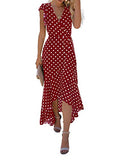 Polka Dots Wine Red Women's Summer Floral Print Cross V Neck Dress Bohemian Flowy Long Maxi Dresses - GRECERELLE | Women's Casual Dresses