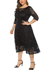 Womens Floral Lace Plus Size Midi Dress Scooped Neckline Cocktail Party Dresses