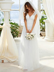 Lace Cap Sleeve V Neck A-line Wedding Dresses For Women 0217