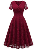 Wedding Guest Dress Prom Dress Formal Lace Dress V Neck Short Sleeves A Line Cocktail Party Dress