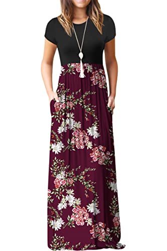 Black Wine Red Floral Maxi Dress Summer Casual Long Dresses for Laydies with Pockets - GRECERELLE