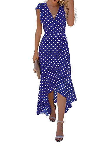 Polka Dots Royal Blue  Women's Summer Floral Print Cross V Neck Dress Bohemian Flowy Long Maxi Dresses - GRECERELLE