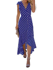 Polka Dots Royal Blue  Women's Summer Floral Print Cross V Neck Dress Bohemian Flowy Long Maxi Dresses - GRECERELLE