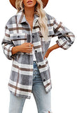 Women's Brushed Plaid Shirts Long Sleeve Flannel Lapel Button Down Pocketed Shacket Jacket Coats