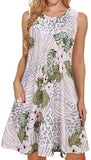 Pink Leapord Leaf Summer Dresses for Women Beach Floral Tshirt Sundress Sleeveless Pockets Casual Loose Tank Dress - elescat | Women's Casual Dresses