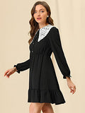 Women's Vintage Ruffle Hem Dresses A-Line Lace Panel Peter Pan Collar Dress