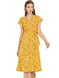 Women's Flutter Sleeve V Neck Belted A-Line Wrap Midi Floral Dress | Original Brand