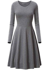 EFOFEI Womens Swing Round Neck Long Sleeve Midi A Line Solid Casual Elegant Slim Dress | Women's Cocktail Dresses