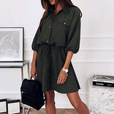 Spring Summer Ladies Lapel Solid 3/4 Sleeve Drawstring Dress Bodycon Dress Office Wear for Casual Club Cocktail Evening Gowns Work UK Size 8-26 | Women's Work Dresses