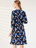 Women's Floral Tie Neck 3/4 Sleeve Work Midi Flowy Flare Dress | Original Brand