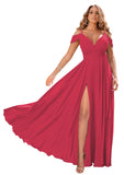 Hot Pink Women's Off Shoulder Bridesmaid Dresses Long Chiffon Formal Dress with Slit - Clothfun