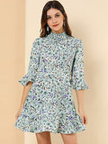 Women's Floral 3/4 Bell Sleeve Smocked Belted Flare Ruffle Dress | Original Brand