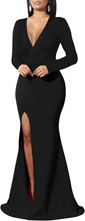 Black Women's Sexy Long Sleeve V Neck Wrap Side Split Bodycon Cocktail Party Maxi Dress - GOBLES | Women's Cocktail Dresses