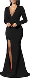Black Women's Sexy Long Sleeve V Neck Wrap Side Split Bodycon Cocktail Party Maxi Dress - GOBLES | Women's Cocktail Dresses