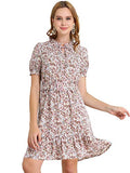 Women's Ruffle Neck Tie Neck Bubble Sleeve Belted Ruffle Hem Floral Dress | Original Brand