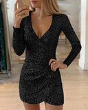 Women Fashion V-Neck Surplice Wrap Ruched Sequins Bodycon Dress