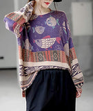 Purple Women Long Sleeve Jumpers Knitted Graphic Sweater Crew Neck Loose Pullover Sweater Tops - Yesno | Women's Jumpers