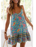 Floral Printed Dress Summer Sleeveless Adjustable Strap Beach Mini Dress with Pockets