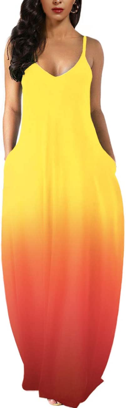 Gradient Yellow Orange Womens Casual Sleeveless Plus Size Loose Plain Long Maxi Dress with Pockets - Wolddress | Women's Casual Dresses