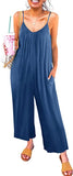 Blue Women's Casual Sleeveless Front Button Loose Jumpsuits Stretchy Long Pants Romper with Pockets - Happy Sailed | Women's Romper & Jumper Suit