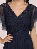 Womens V Neck Lace Sleeve A Line Formal Party Dress 0226 | Women's Lace Dresses