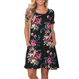 Women Summer Boho Floral Print O-Neck Short Sleeve T Shirt Dress with Pockets | Women's Work Dresses