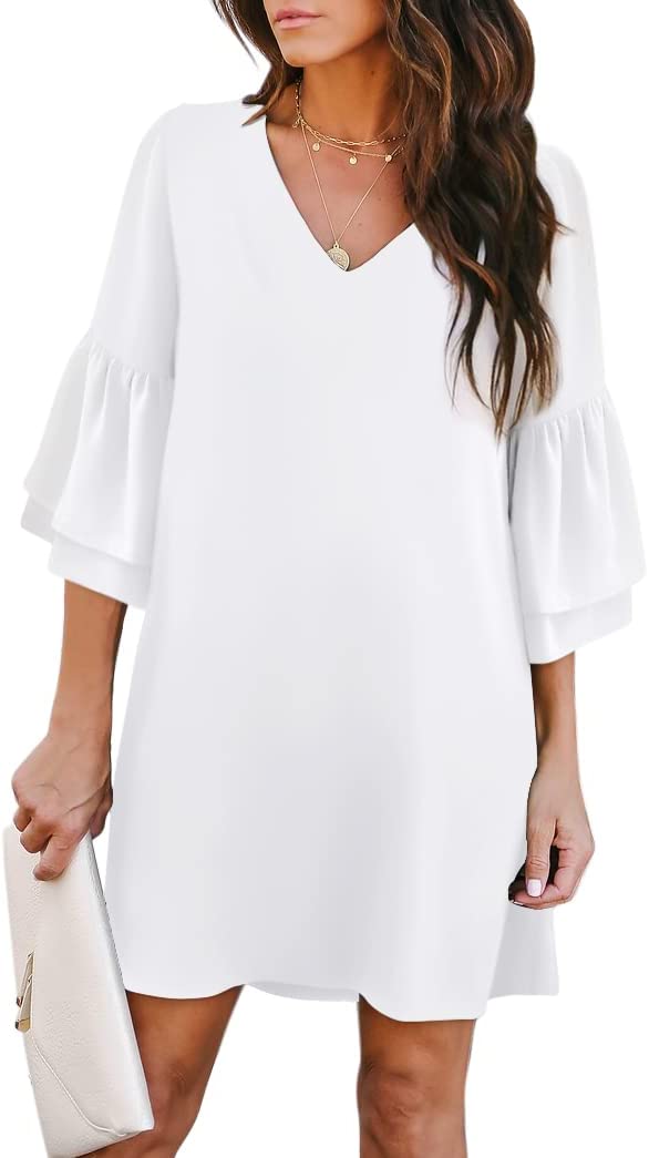 White Women's Dress Sweet & Cute V-Neck Bell Sleeve Shift Dress Mini Dress - BELONGSCI | Women's Casual Dresses