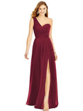Burgundy One Shoulder Chiffon Bridesmaid Dresses with Slit Maxi Long Formal Dresses for Women Party - XYAYE | Women's Formal Dresses