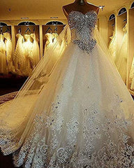 Luxury Sweetheart Crystal Beaded Wedding Dress 2021 Princess Long Train Lace Ball Gown Bridal Dresses For Bride Cr094