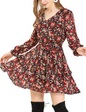 Women's Floral V Neck Long Sleeve Tie Waist Layered Ruffle Hem Dress