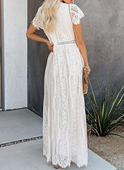 Women Deep V Neck Short Sleeve Floral Lace Bridesmaid Maxi Dress Cocktail Party Evening Gown