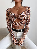 Women's Marble Print Cut Out Front Long Sleeve Crop Top Tee Shirt | Original Brand | Women's Tops and Blouses
