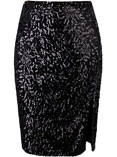 Women's Sequin Skirt Midi High Waist Stretchy Sparkle Side Slit Pencil Skirt Party Cocktail