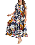 Wite Multi Dresses Casual Plus Size Bohemian Short Sleeve Floral Long Maxi Summer Beach Swing Dress/Pockets - YESNO | Women's Casual Dresses