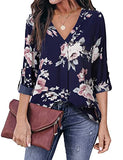 Multicolor Blue Womens 3/4 Cuffed Sleeve Chiffon Printed V Neck Casual Blouse Shirt Tops - Youtalia | Women's Tops and Blouses