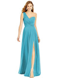 Aqua Blue One Shoulder Chiffon Bridesmaid Dresses with Slit Maxi Long Formal Dresses for Women Party - XYAYE | Women's Formal Dresses