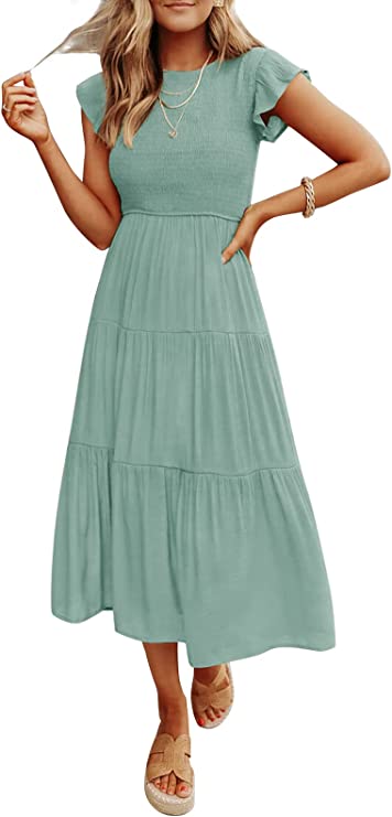 Sage Women's Summer Casual Flutter Short Sleeve Crew Neck Smocked Elastic Waist Tiered Midi Dress - ZESICA | Women's Casual Dresses