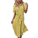 Women's Fashion Floral Print Belted Loose Shirt Dress Casual Short Sleeve Button Down Midi Dress | Original Brand