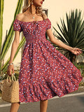 Womens Summer Floral Print Puff Short Sleeve Drawstring Tiered Ruffle Casual A-Line Dress