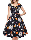 Women's Vintage Short Sleeve Cocktail Dresses Floral Sugar Skull Print Rockabilly Party Dress