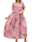 Light Pink Dresses Casual Plus Size Bohemian Short Sleeve Floral Long Maxi Summer Beach Swing Dress/Pockets - YESNO | Women's Casual Dresses
