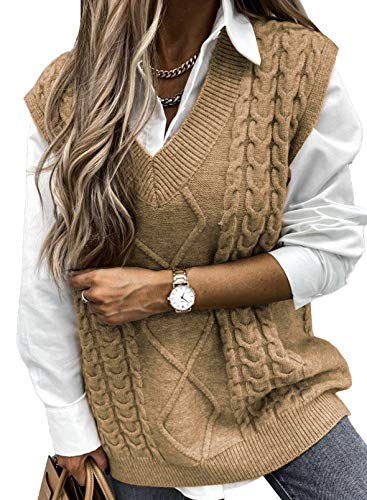 NALANISA Women’s V Neck Sleeveless Oversized Knit Plaid Sweater Vest Preppy Style Tank Top Pullover