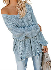 Women's Off Shoulder Long Sleeve V-Neck Ribbed Cable Pullover Sweaters Loose Fitting Jumper Tops