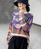 Purple Women Long Sleeve Jumpers Knitted Graphic Sweater Crew Neck Loose Pullover Sweater Tops - Yesno | Women's Jumpers