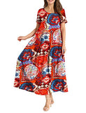 Red Multi Dresses Casual Plus Size Bohemian Short Sleeve Floral Long Maxi Summer Beach Swing Dress/Pockets - YESNO | Women's Casual Dresses