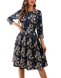 Women's Floral Vintage Dress Elegant Midi Evening Dress 4-Mar Sleeves with Pockets Cocktail Swing A-line Dresses Casual Wedding Party