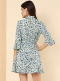 Women's Floral 3/4 Bell Sleeve Smocked Belted Flare Ruffle Dress | Original Brand